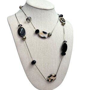 Erika Lyons EL Necklace Animal Print Polished Stones Black Tan Long 42"